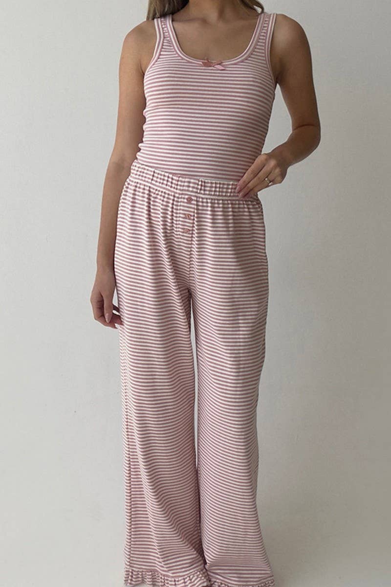 CWSPJ452_STRIPED RUFFLED TWO-PIECE PAJAMAS HOME CLOTHES