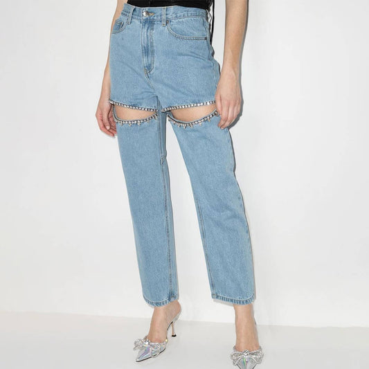 MID RISE STRAIGHT HOLLOW DIAMOND STUDDED JEANS