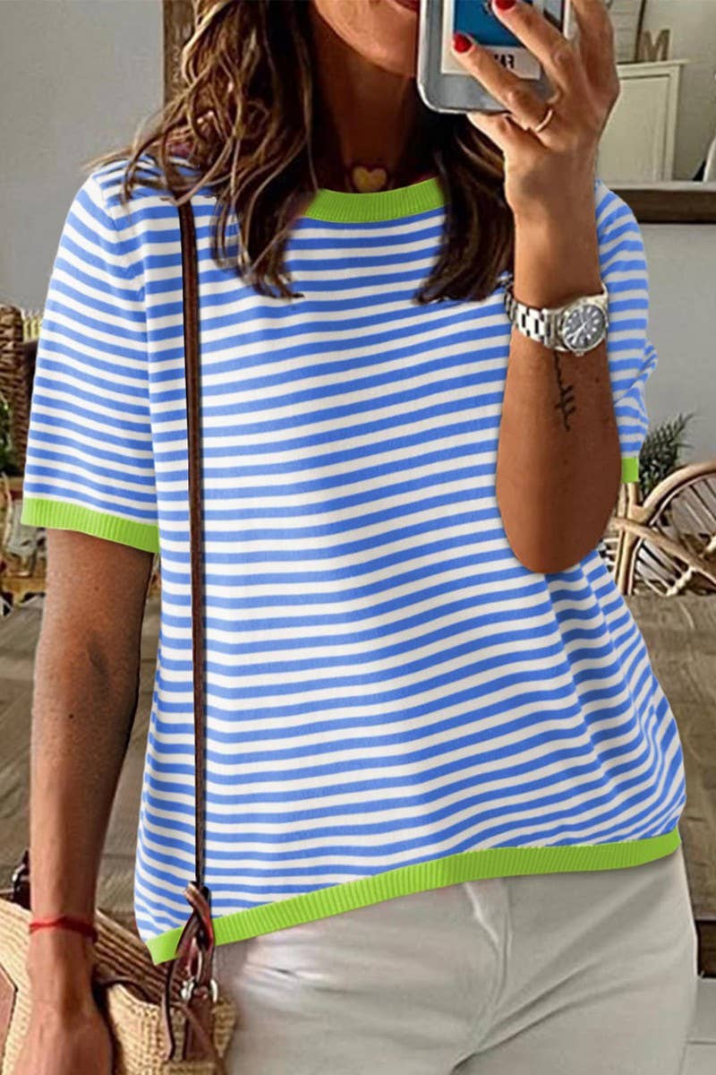 CWTTS1363_SUMMER STRIPED SHORT-SLEEVED CASUAL SWEATER