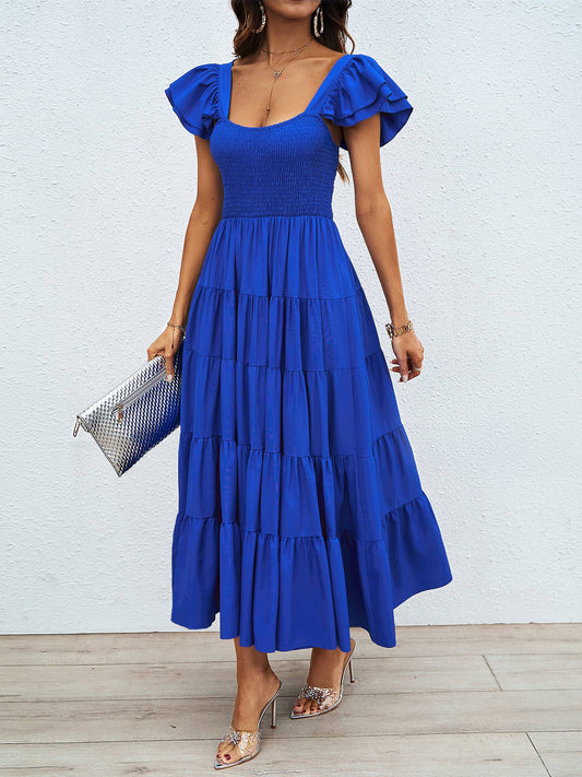 CASUAL SQUARE COLLAR PRINT PLEATED DRESS
