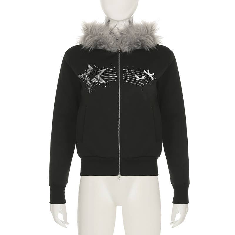 Distinctive street star rhinestone zipper jacket