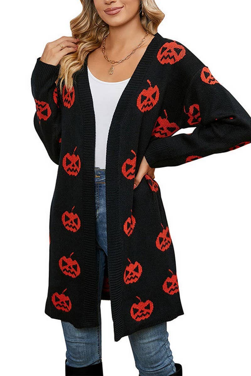 CWOCAL00696_HALLOWEEN PUMPKIN JACQUARD LONG KNIT CARDIGAN