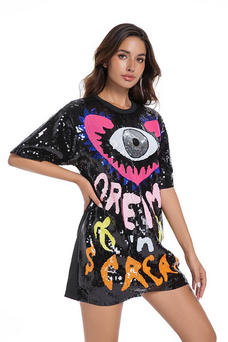 CWDHL1052_SUMMER SEQUINED LOOSE SHORT-SLEEVED TOP