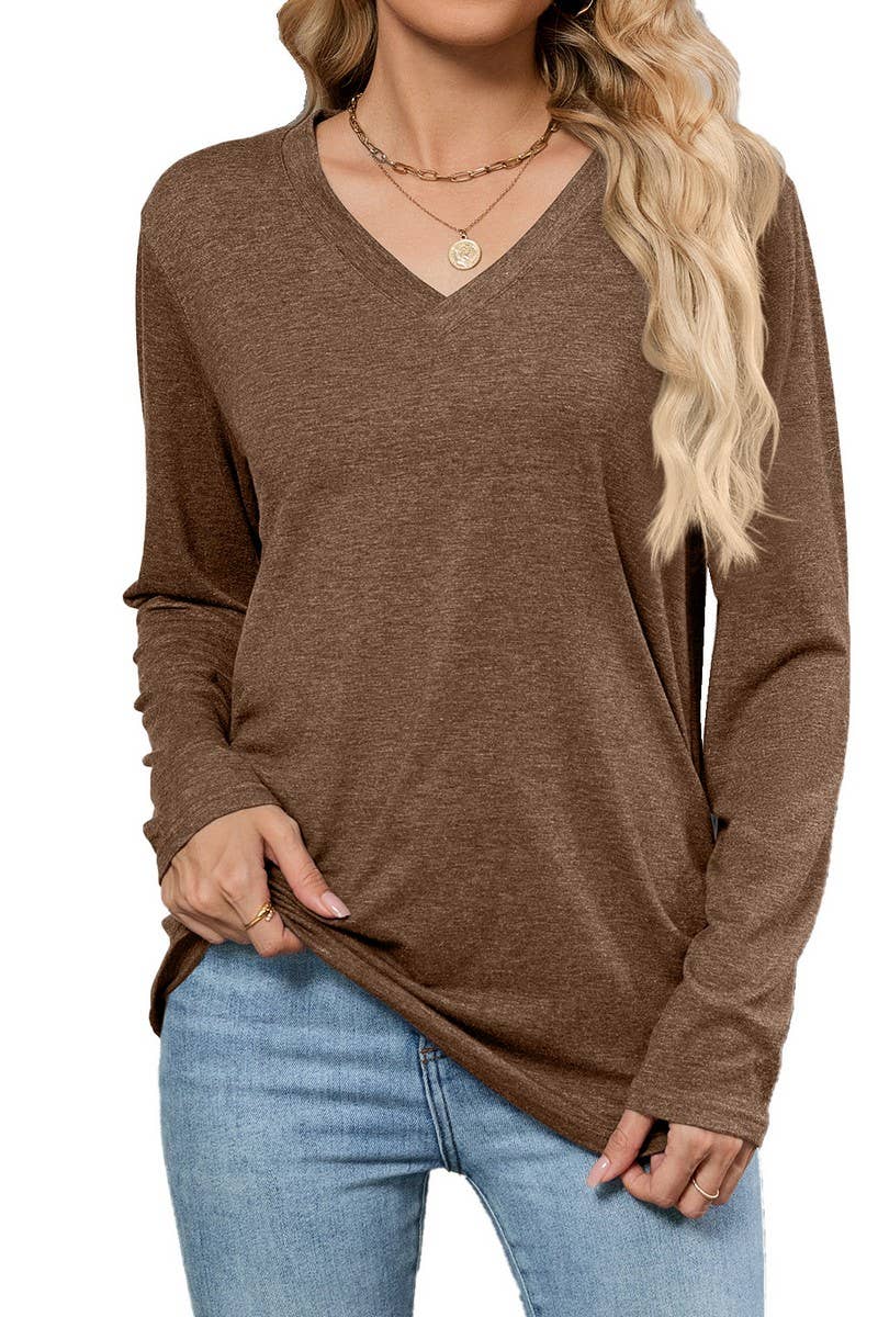 CWTTL00997_AUTUMN CASUAL V-NECK SOLID COLOR LOOSE T-SHIRT