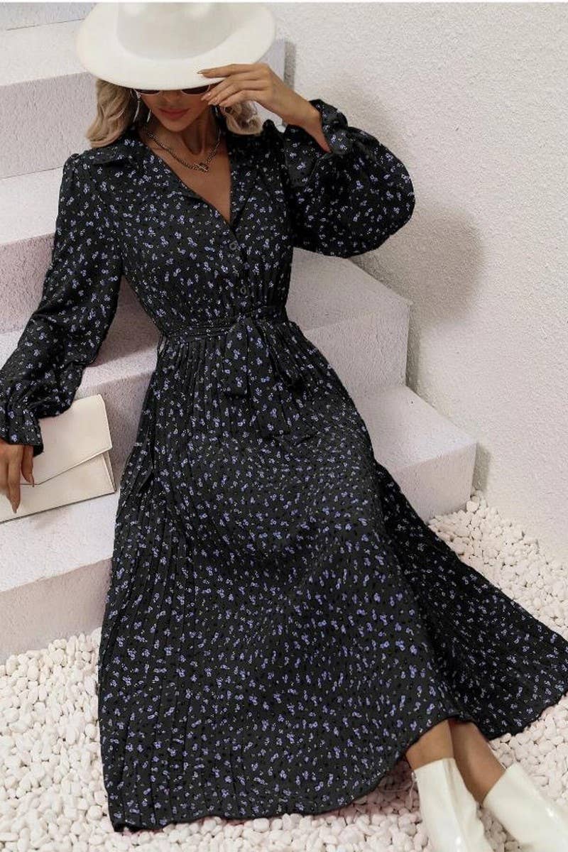 CWDMD4102_TIE-STRAP PLEATED LONG-SLEEVED SWING DRESS