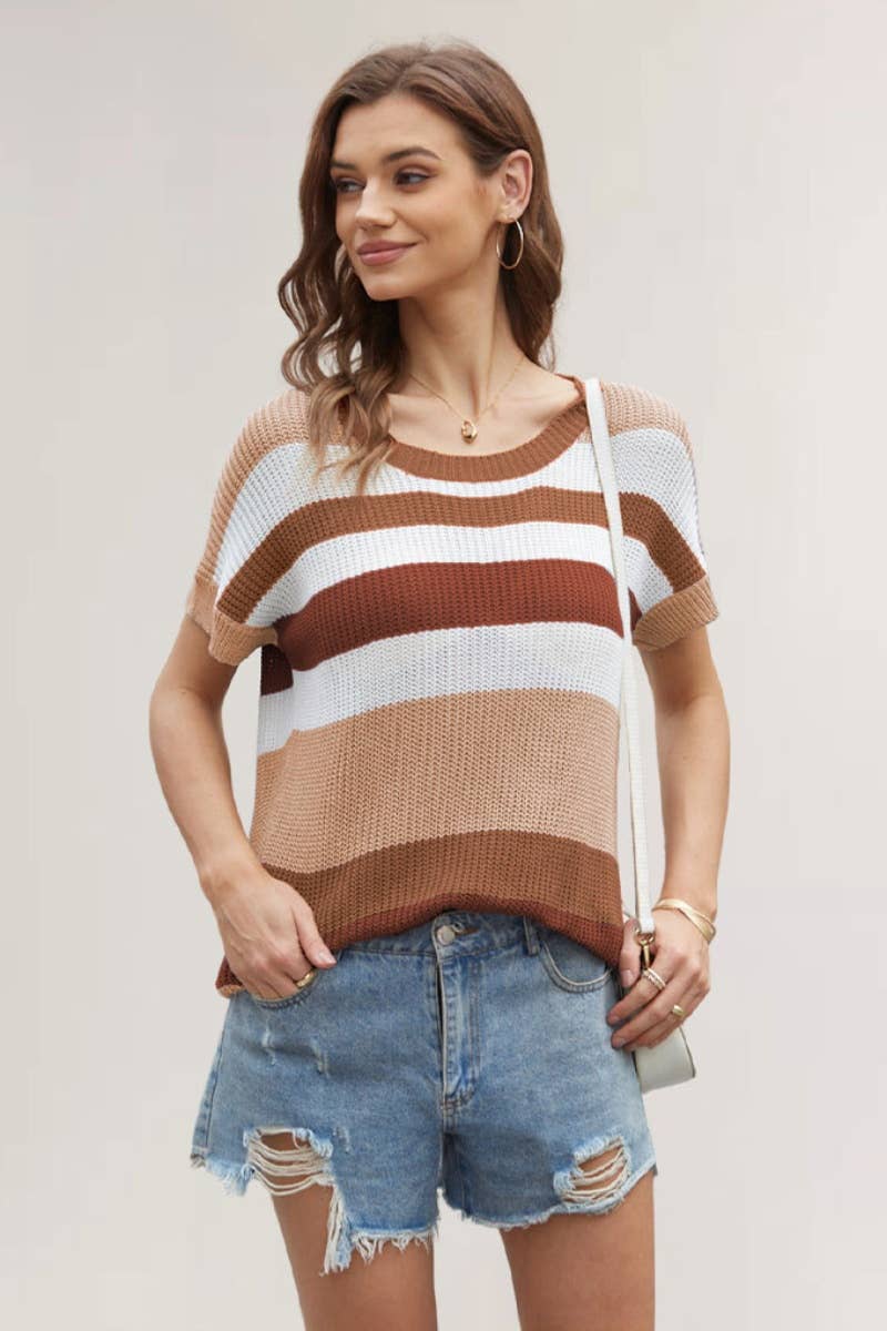 CWTBLS0761_CREW-NECK PATCHWORK STRIPED SHORT-SLEEVED TOP