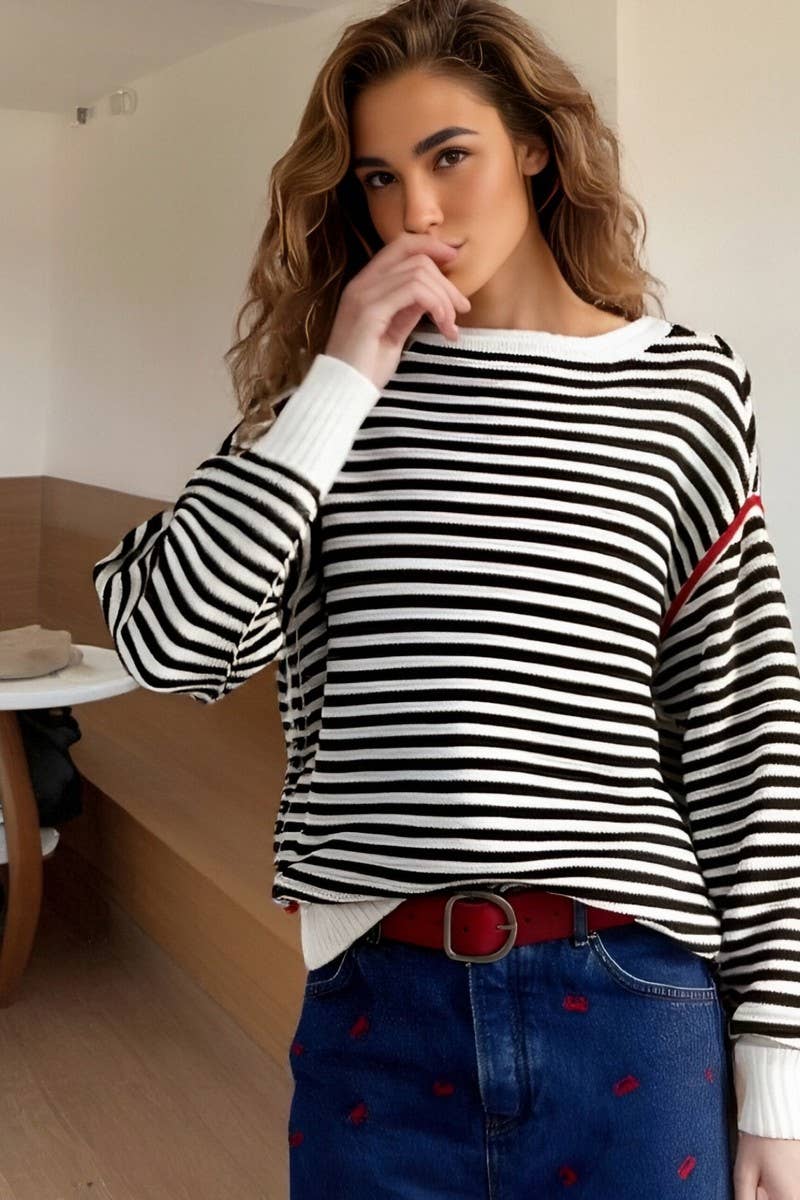 CWOSWL6946_STRIPED CREWNECK KNIT PULLOVER SWEATER