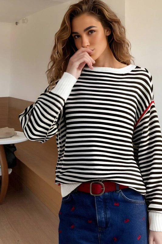 CWOSWL6946_STRIPED CREWNECK KNIT PULLOVER SWEATER