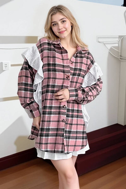 CWTBLL00624_PLAID LOOSE RUFFLED PLAID LONG-SLEEVED SHIRT