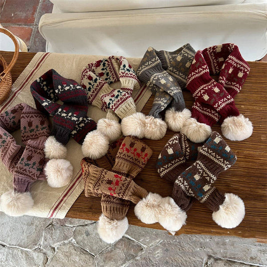 CUTE DOUBLE BALL WARM CHILDREN'S KNITTED SCARF