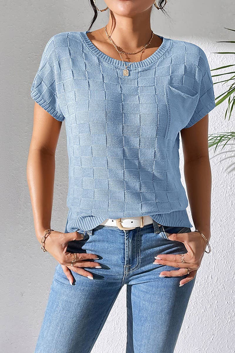 CWOSWS0086_SOLID COLOR LOOSE KNIT SHORT-SLEEVED TOP