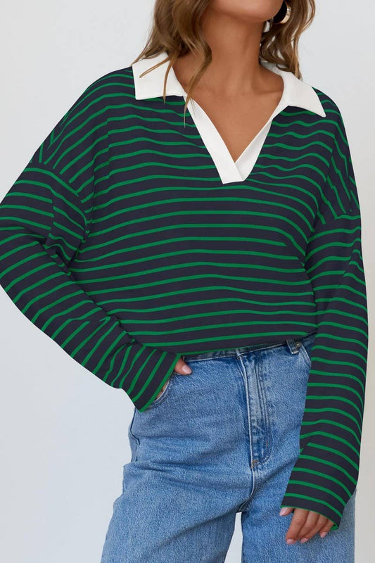 CWTBLL1811_LAPEL STRIPED V-NECK LOOSE SWEATSHIRT