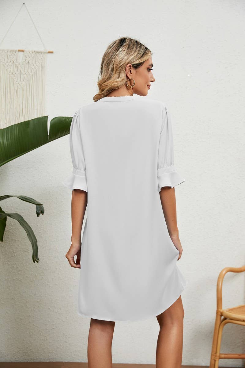 CWDSD3115_SOLID COLOR V-NECK LOOSE QUARTER-SLEEVE MINI DRESS