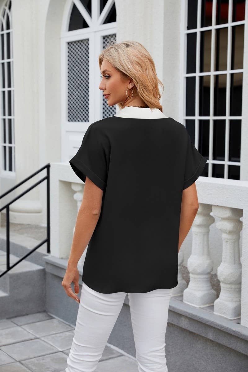 CWTBLS0440_V-Neck Short Sleeve Blouse