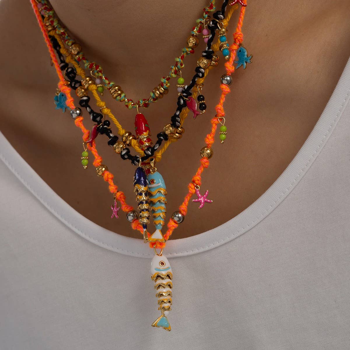 Colorful Enamel Fish Rope Necklace for Vacation