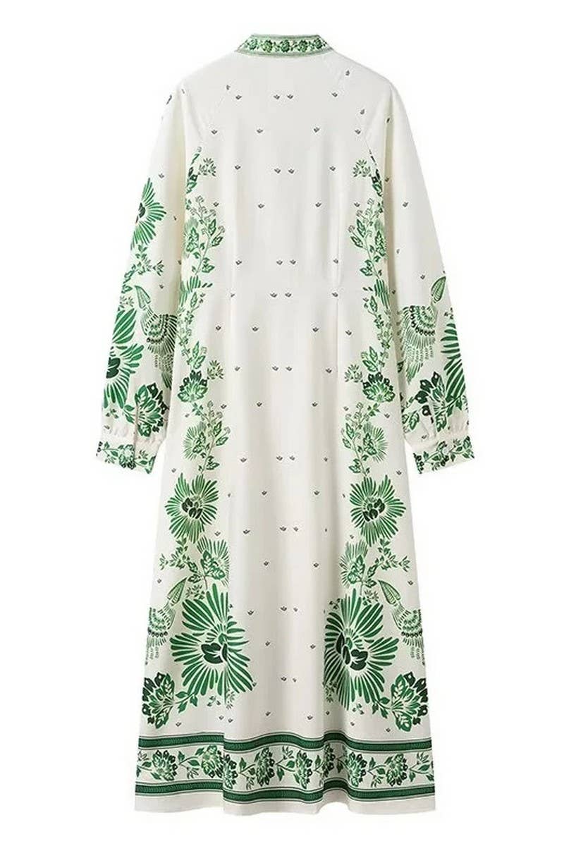 CWDMD4143_V-NECK LANTERN SLEEVE PRINTED LONG DRESS