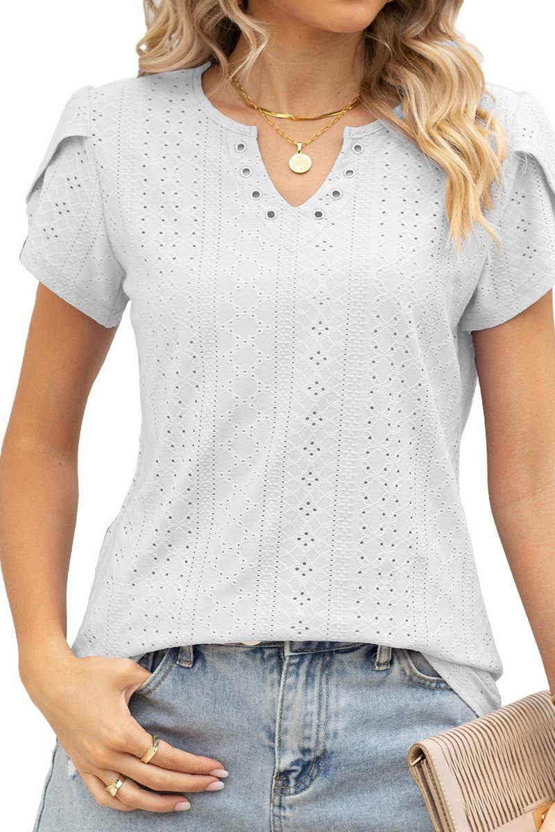 CWTBLS0878_V-NECK BUTTONED CUTOUT LOOSE SHORT-SLEEVED TOP