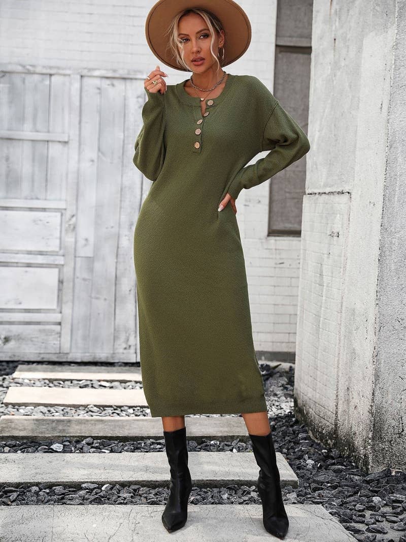 CWDMD538  Long Sleeve Loose V-Neck Button Tops Long Sweater