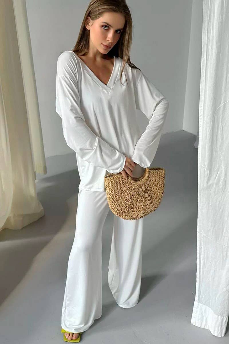 CWSPJ0322_KNITTED V-NECK LONG-SLEEVED TROUSERS PAJAMA SET