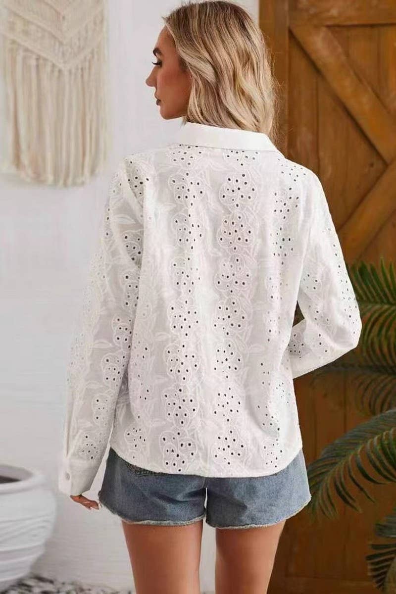 CWTBLS2046_ELEGANT HOLLOW SOLID COLOR LAPEL SHIRT