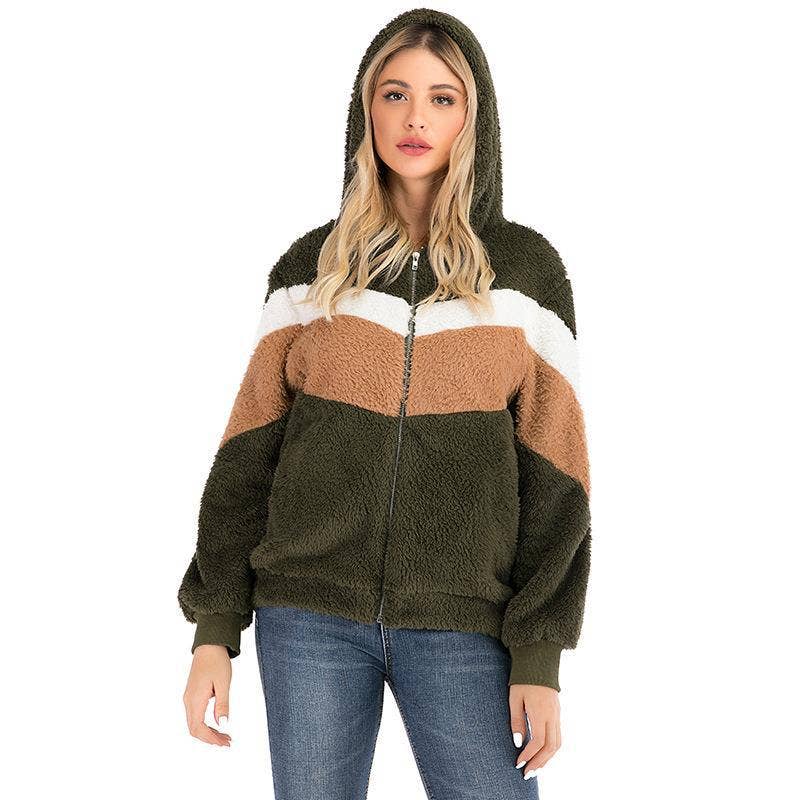 FLEECE ZIP-UP CARDIGAN WITH STRIPED POCKET COAT