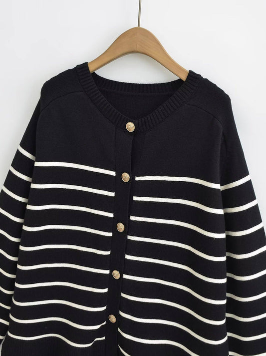 CREW-NECK COLOR-STRIPED SINGLE-BREASTED CARDIGAN