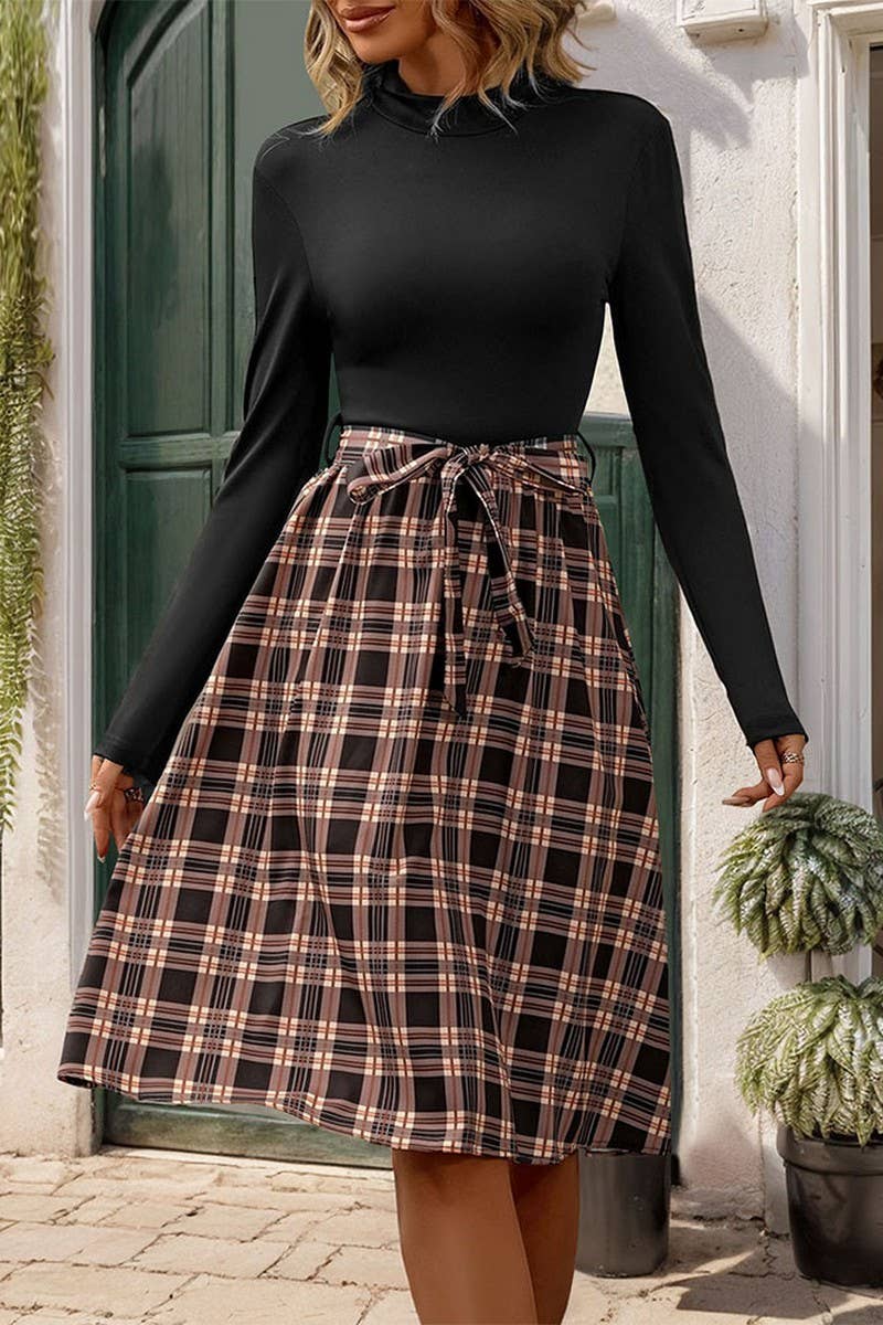 CWBMS0180_AB PATCHWORK STAND COLLAR SLIM FIT PLAID DRESS