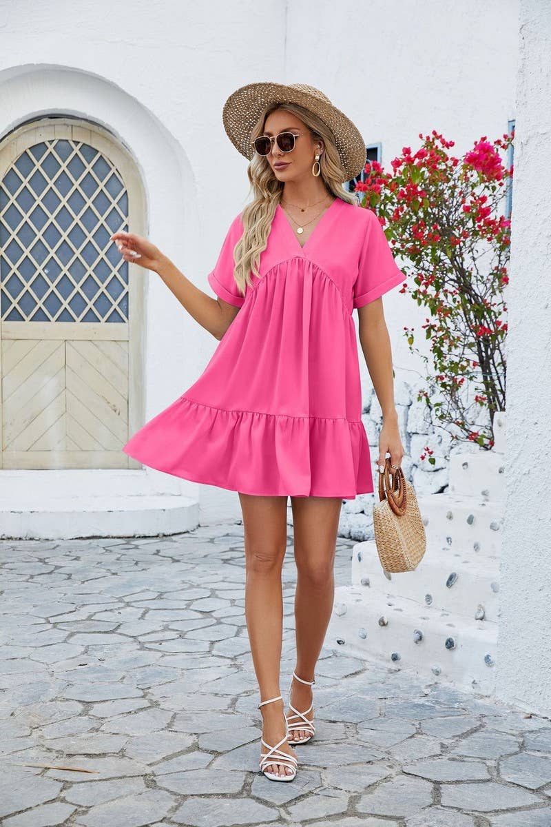 CWDSD3113_V Neck Tiered Short Sleeve Dress