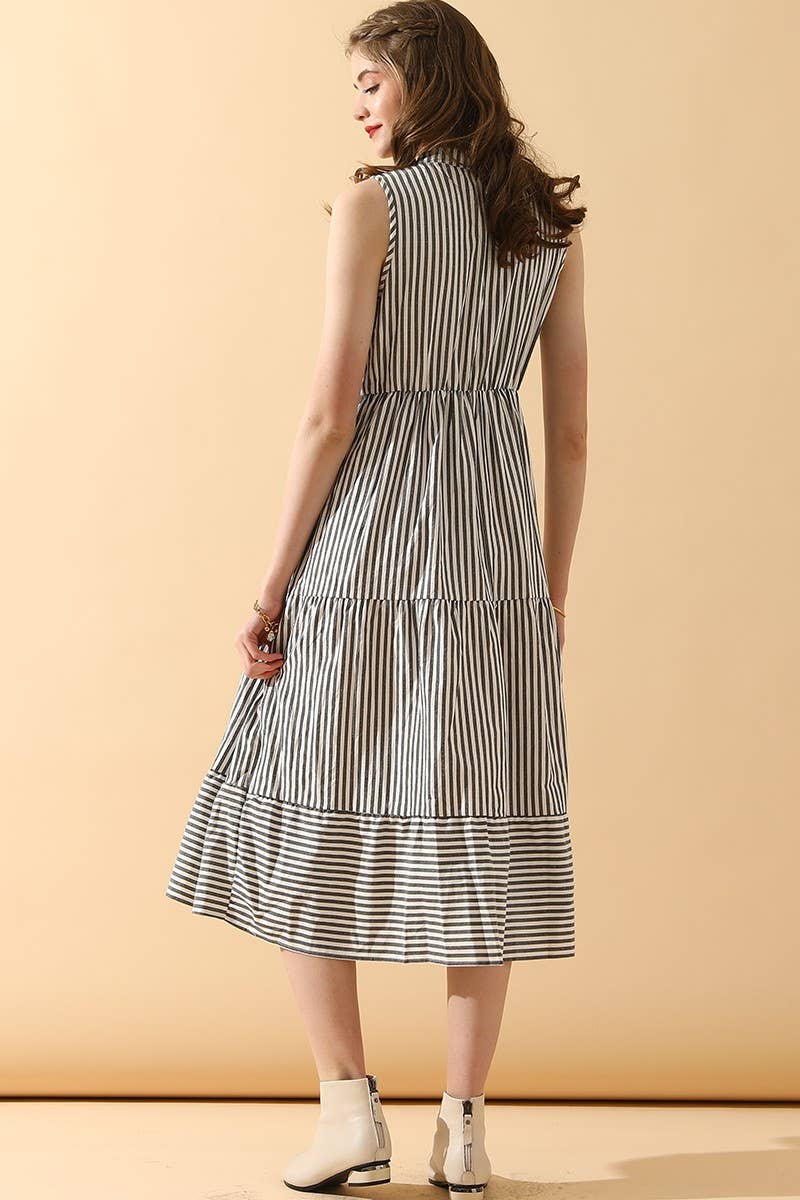 CWDMD821_STRIPE SLEEVELESS SHIRT COLLAR CANCAN DRESS