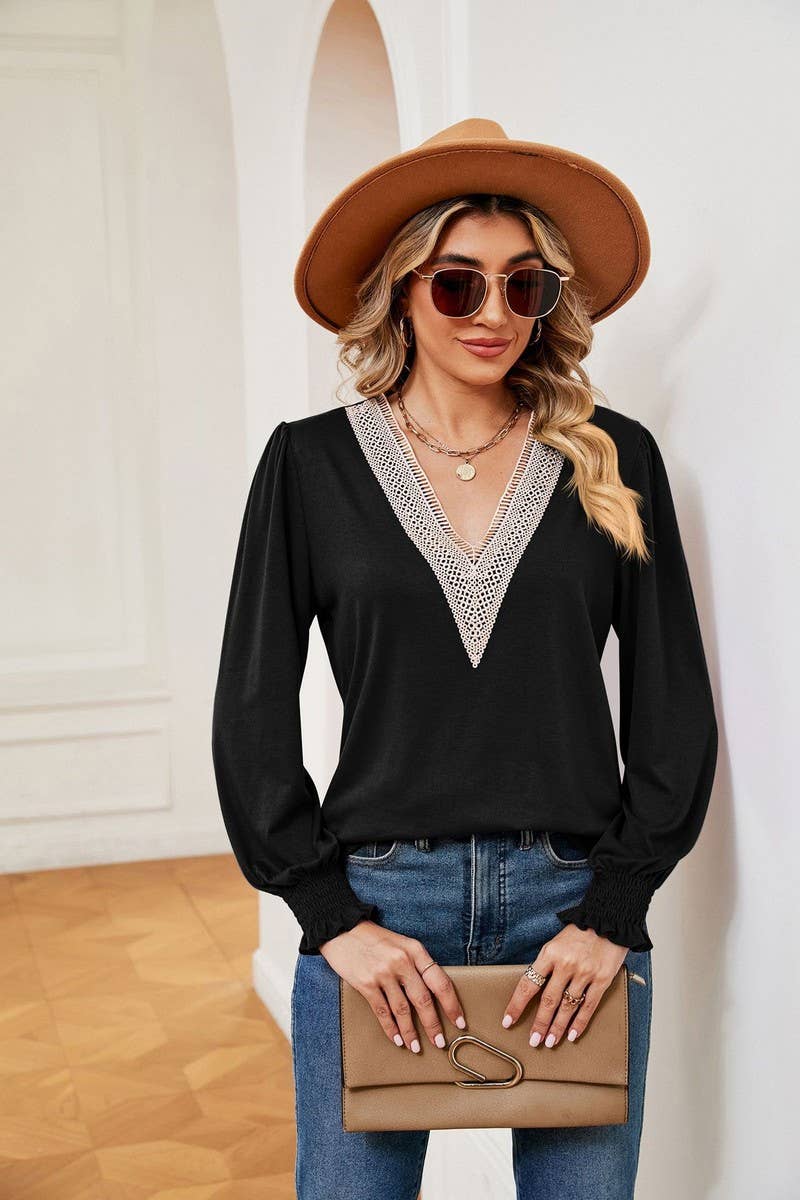 CWTBLL2395_V-NECK LACE RUFFLE SLEEVES LOOSE CASUAL TOP