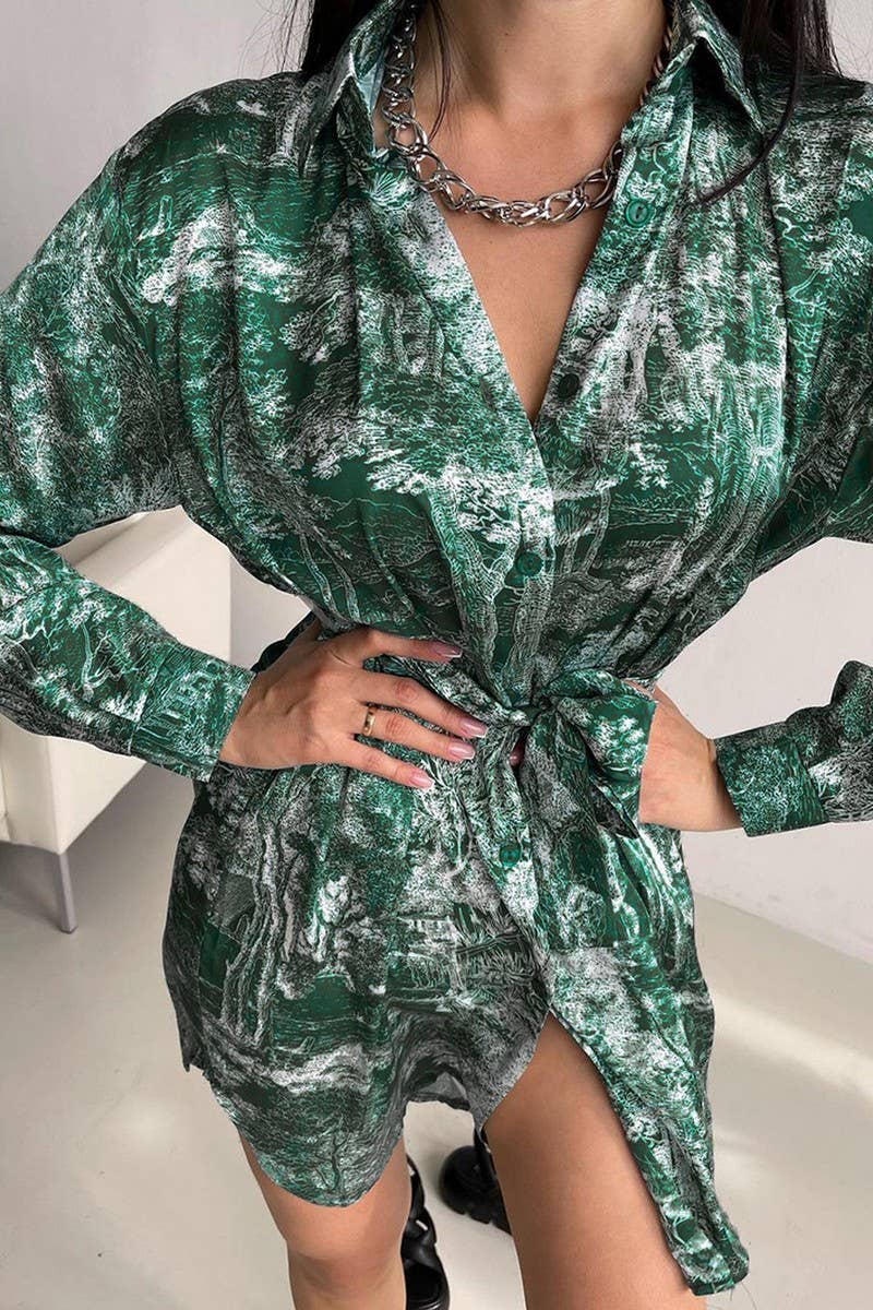 CWSPJ0358_PRINTED LOOSE COMFORTABLE LACE-UP NIGHTDRESS