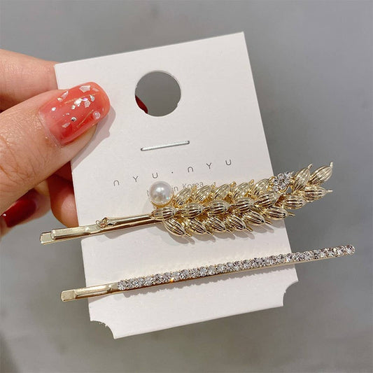 GILDED WHEAT EAR WITH RHINESTONE AND PEARL HAIRPIN