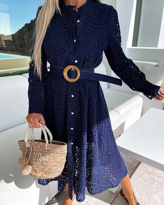 Casual lace round neck belted maxi dress
