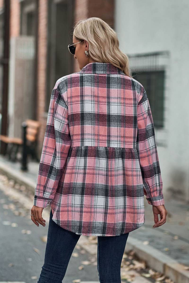 CWTSTL2484_LAPEL LONG SLEEVE POCKET CASUAL PLAID SHIRT