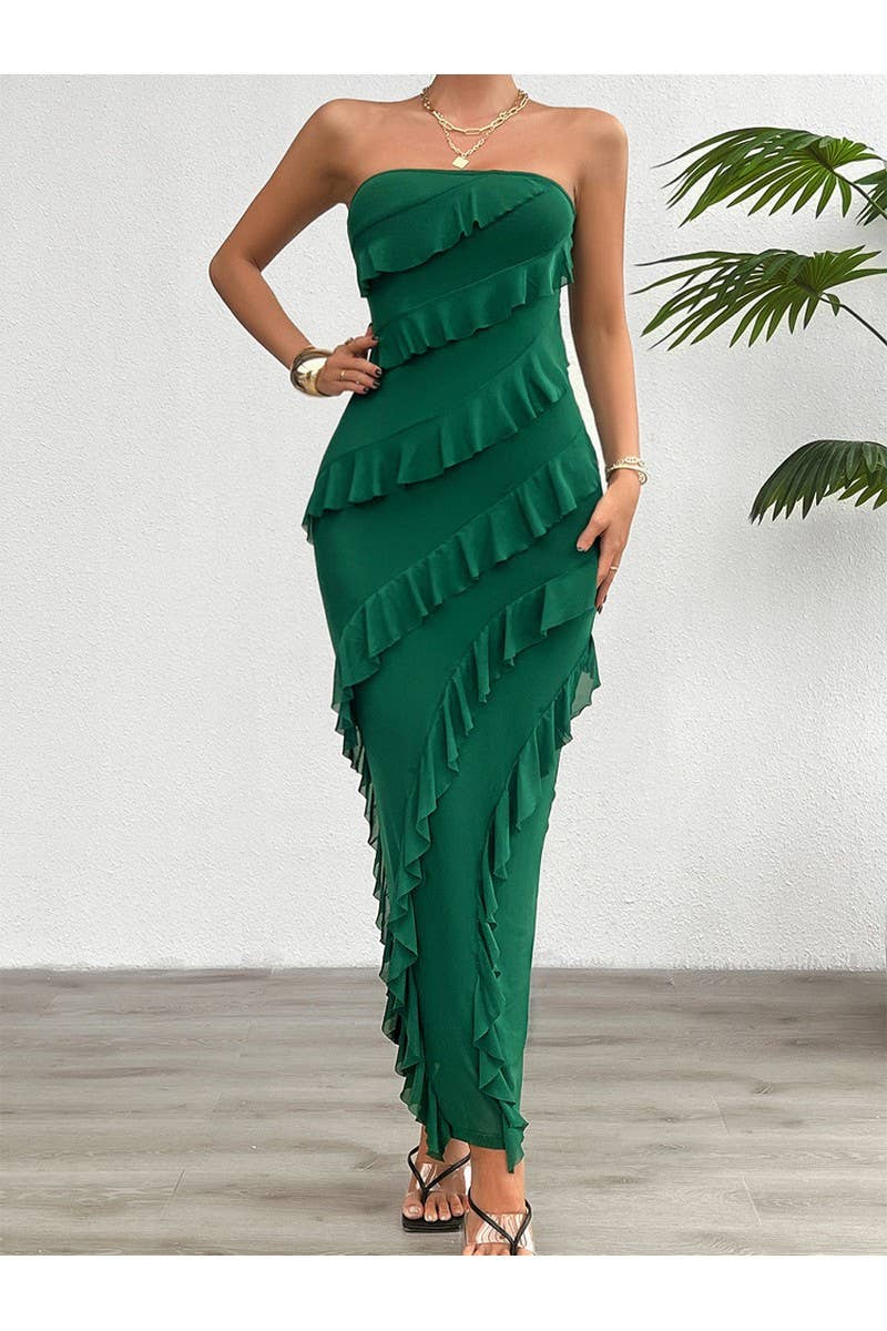 CWDMD2400_Sexy Strapless Backless Split Ruffle Dress