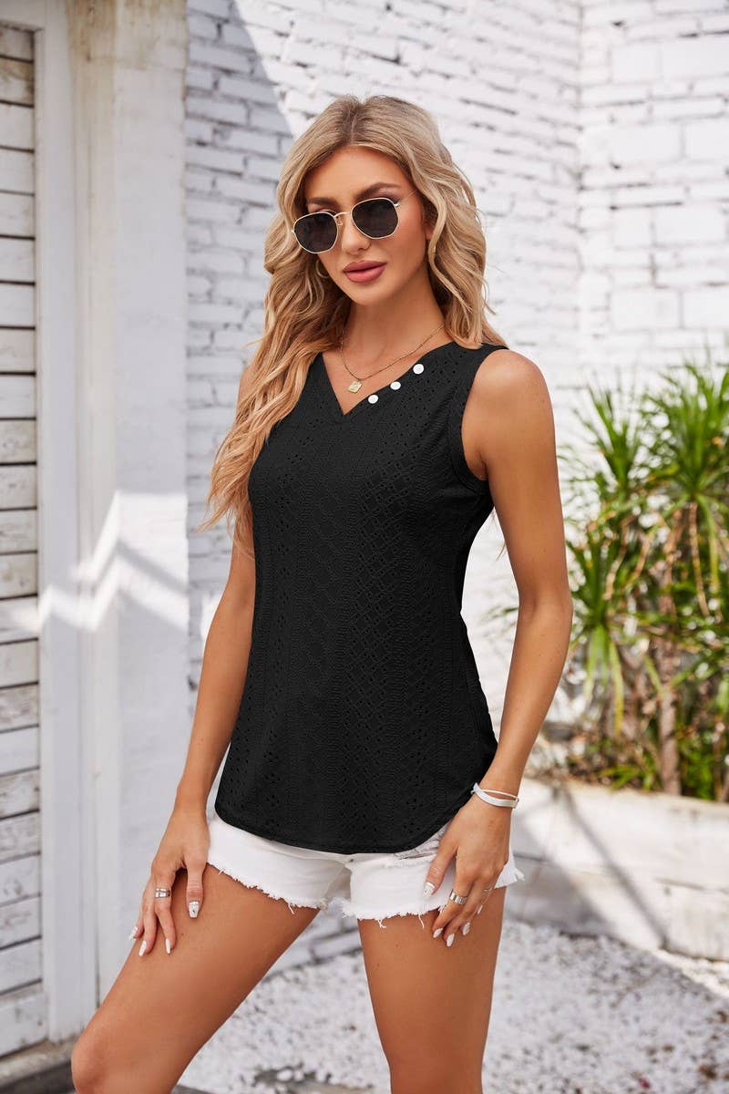 CWTTSL00222_SUMMER SOLID COLOR V-NECK SLEEVELESS SLIM TOP