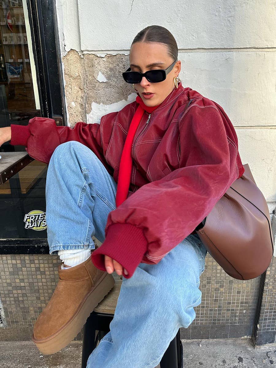 Fashionable and versatile solid-color PU jacket