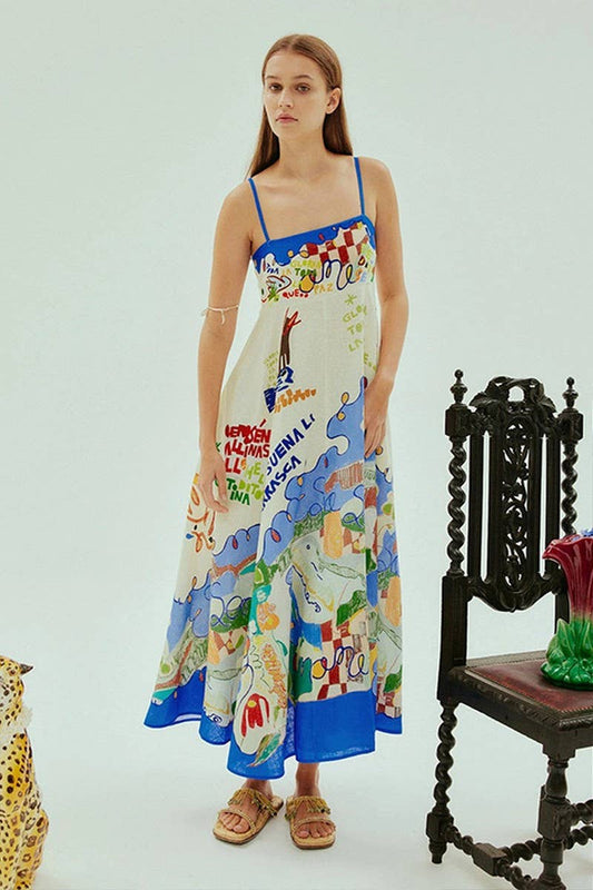 CWDMD5149_BACKLESS COTTON LINEN GRAFFITI MAXI DRESS