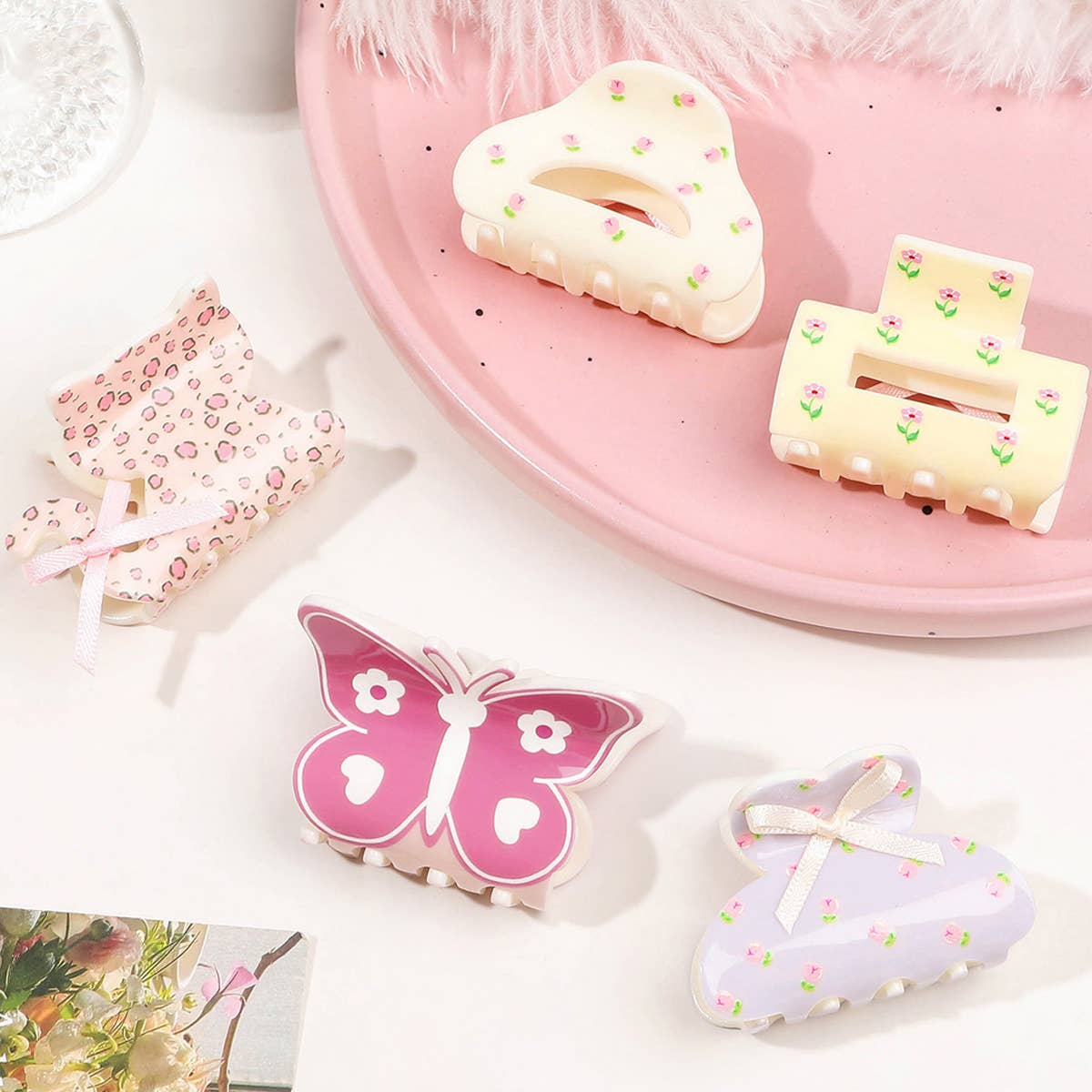 Floral Butterfly Hair Claw - Cream Print Clip