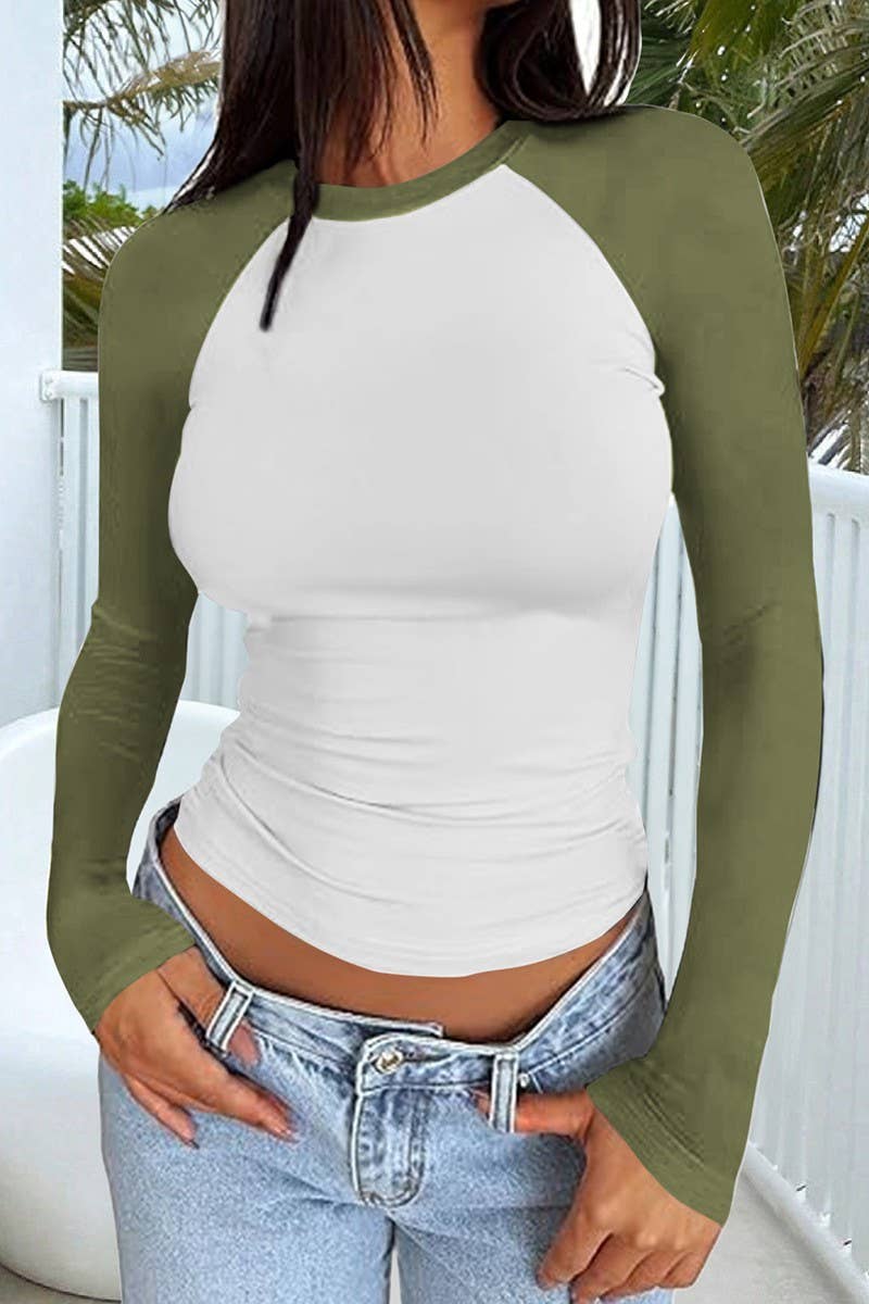 CWTTL2026_SEXY ROUND NECK CONTRAST COLOR LONG SLEEVE T-SHIRT