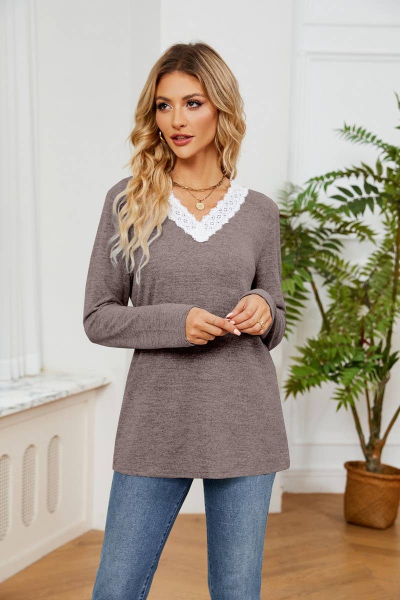 CWTBLL2385_V-NECK LACE LONG-SLEEVED LOOSE PULLOVER