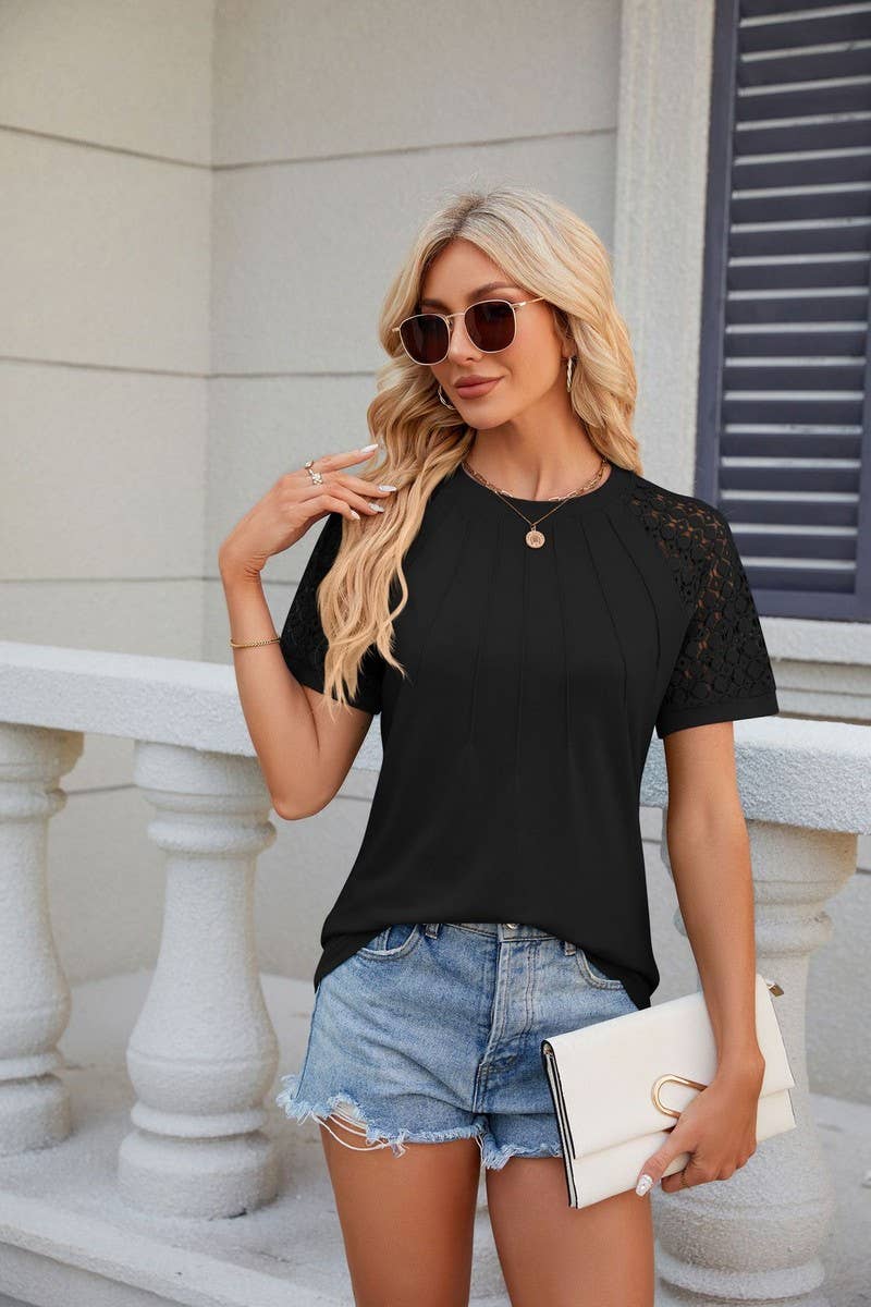 CWTTS0812_Round Neck Contrast Lace Short  Sleeve Blouse
