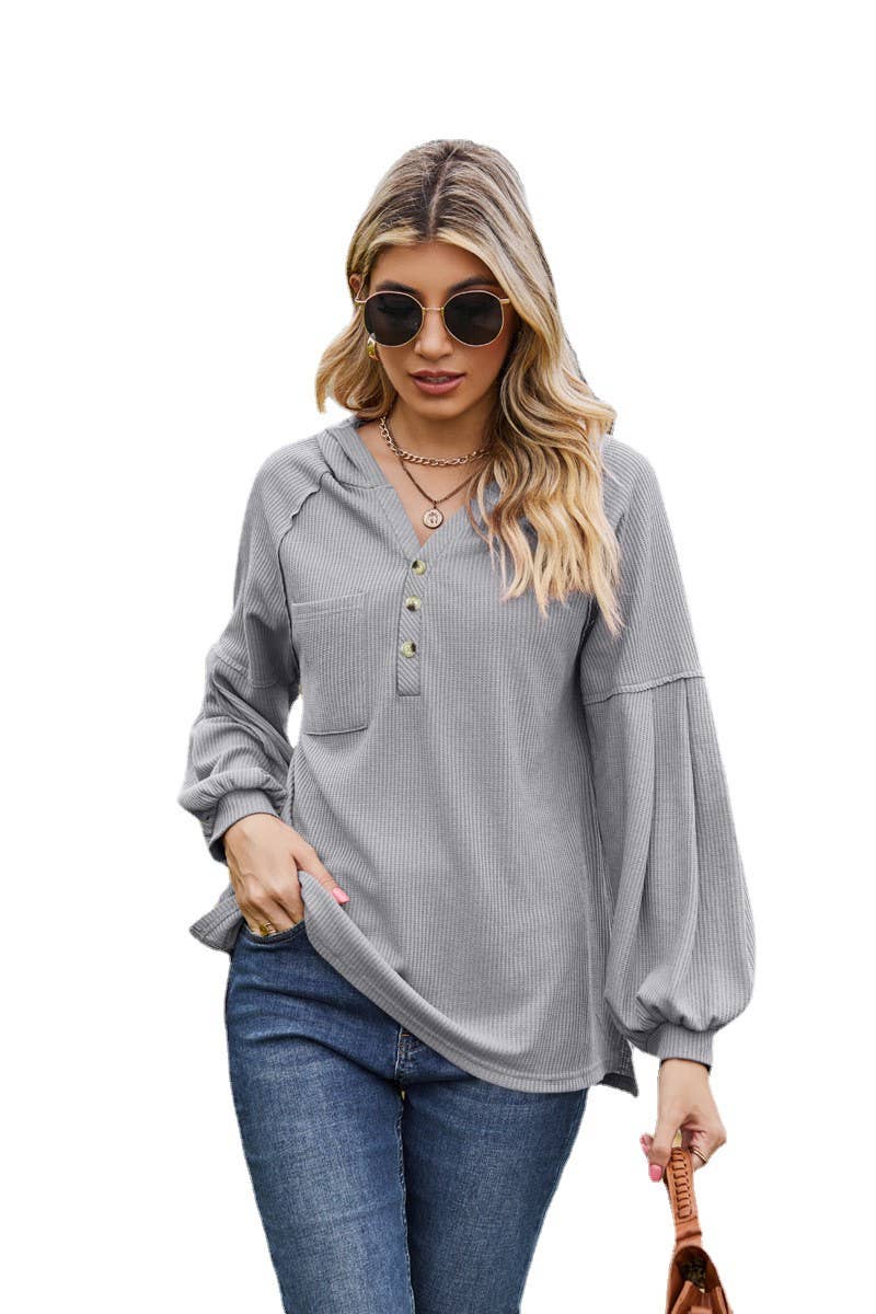 CWOHOL1095_NEW HOODED BUTTON LOOSE LONG-SLEEVED SWEATSHIRT