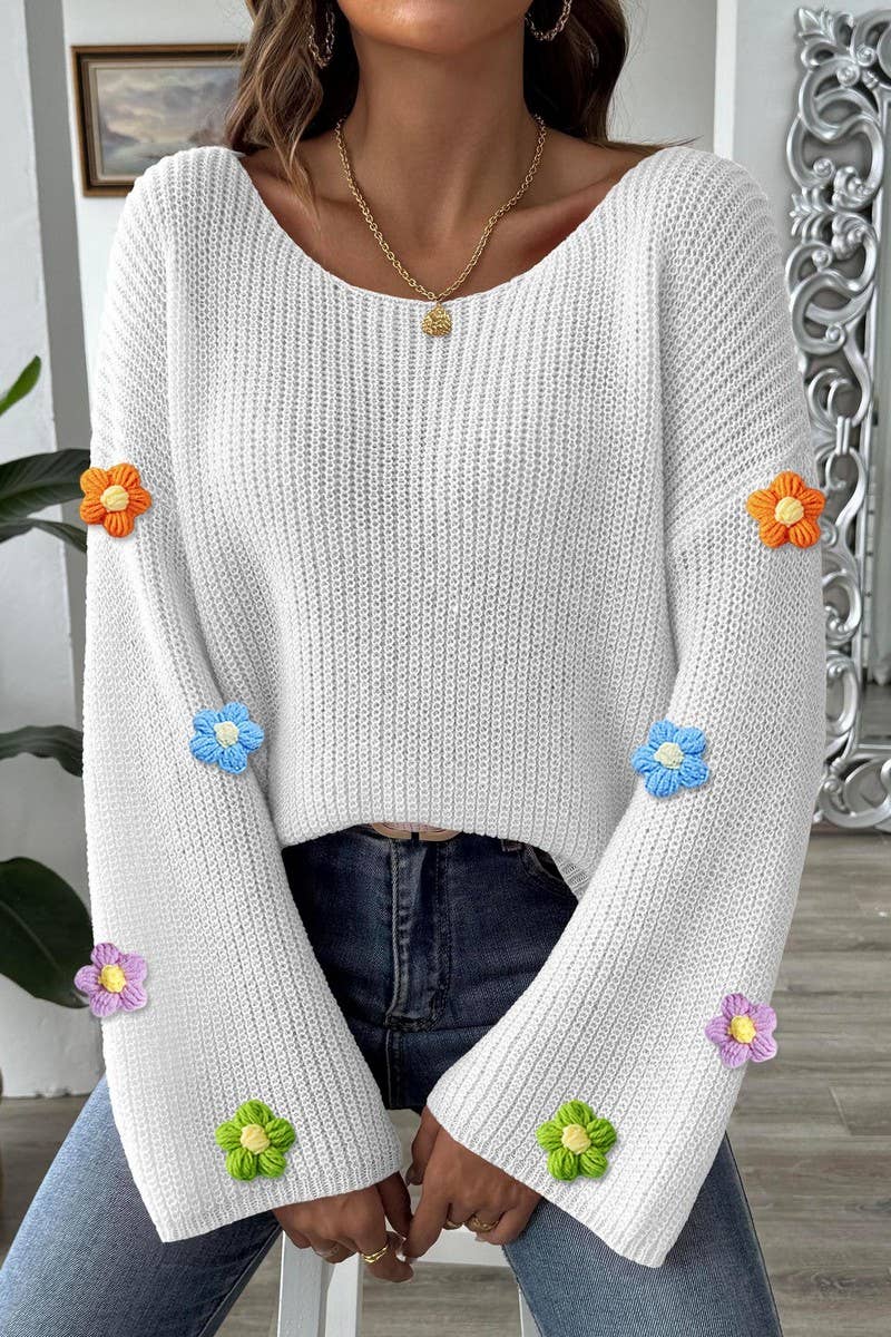CWTTK00288_WOMEN OFF SHOULDER CROCHET FLOWER KNIT SWEATER