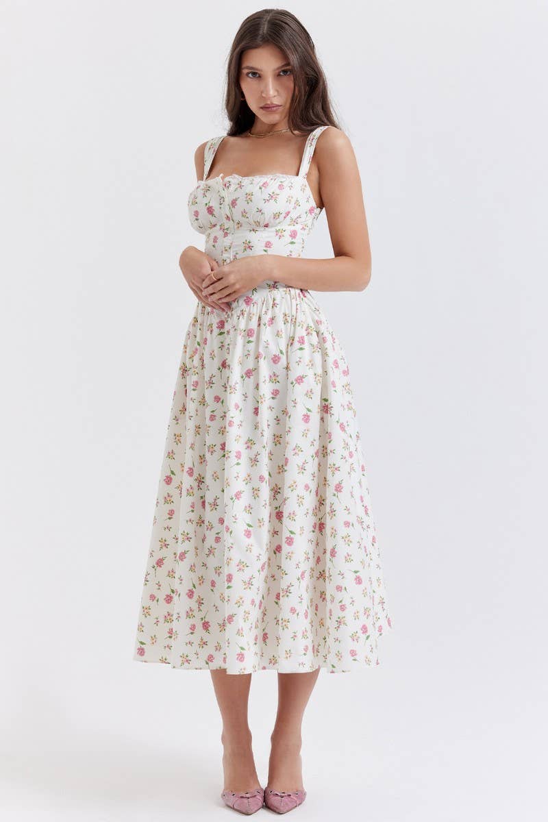 CWDMD5937_FLORAL STRAPLESS SHORT SLEEVE CAMI DRESS