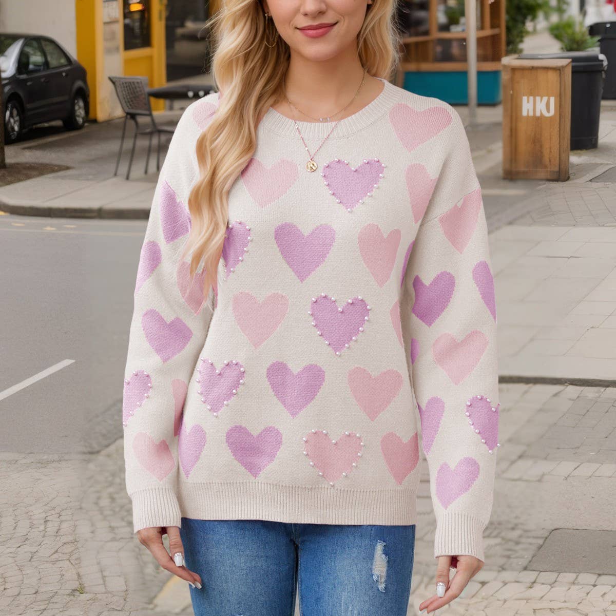 Beaded heart peach round neck pullover sweater
