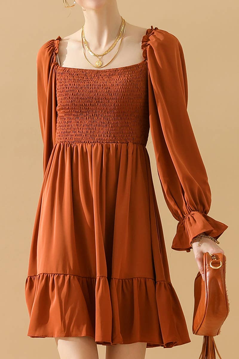 CWDSD10342_RUFFLE HIGH WAIST LONG SLEEVE CASUAL DRESS