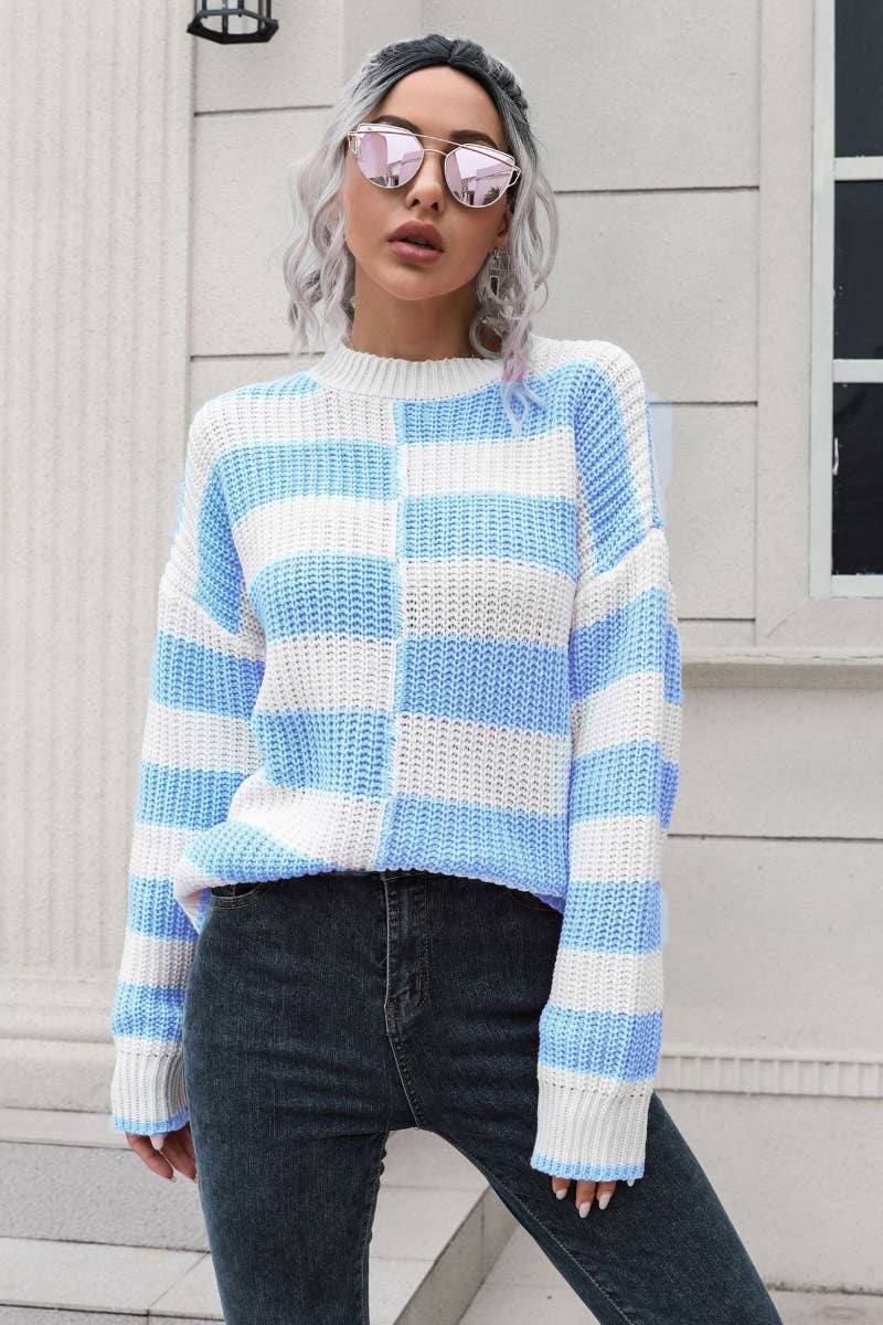 CWOSWL6405_WINTER STRIPED PLAID LONG-SLEEVED SWEATER