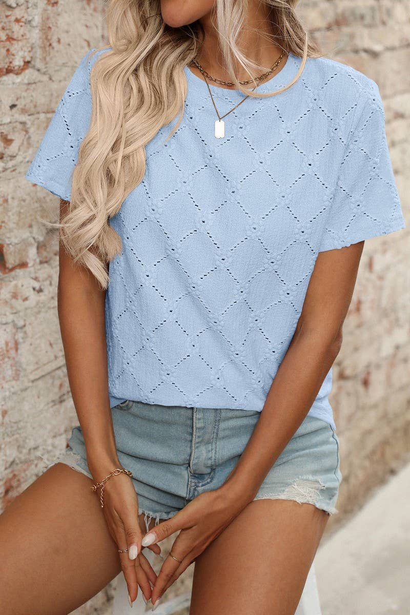 CWTTS1372_SUMMER ROUND NECK JACQUARD SHORT-SLEEVED T-SHIRT