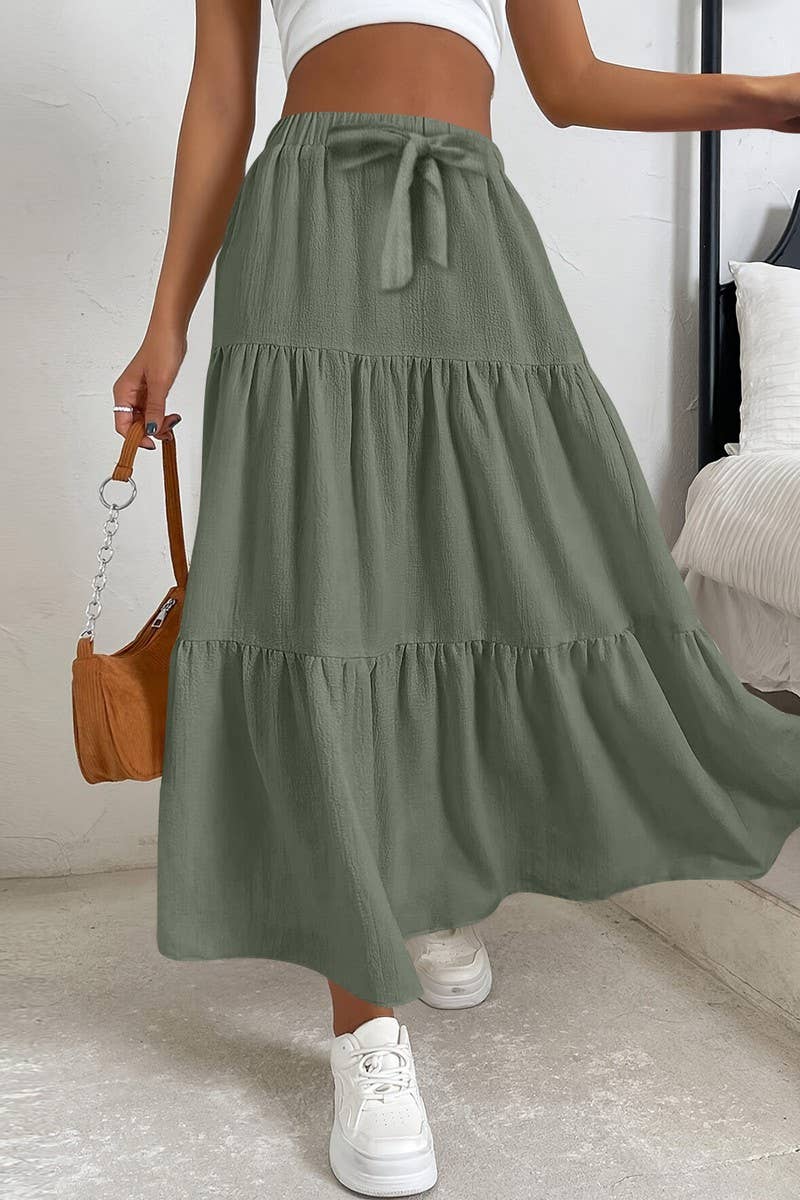 CWBLS0559_BOW WAIST TIERED SOLID MIDI SKIRT